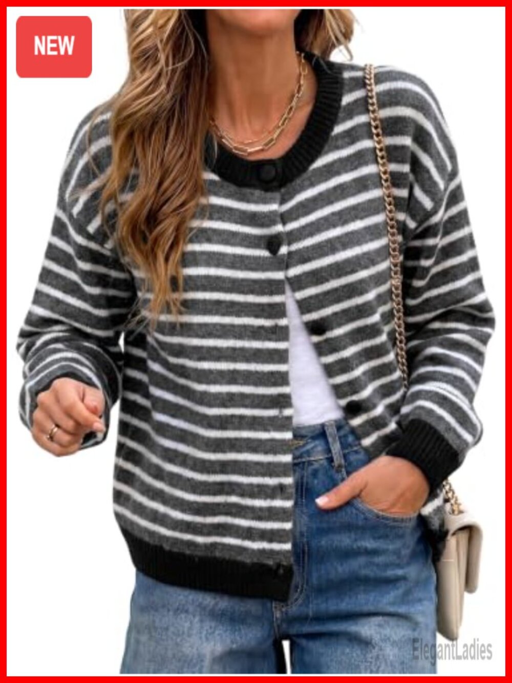 Striped Cardigan Sweater Button Down Crewneck Knitwear Loose Fit